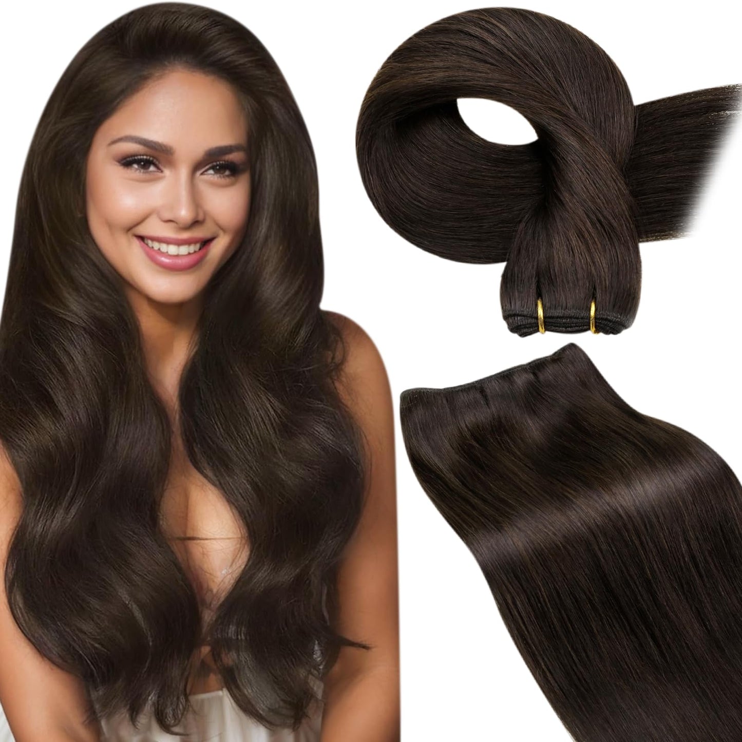 LaaVoo Sew in Hair Extensions Real Human Hair Brown Weft Hair Extensions Short Human Hair Weft Extensions Sew in Dark Brown Silk