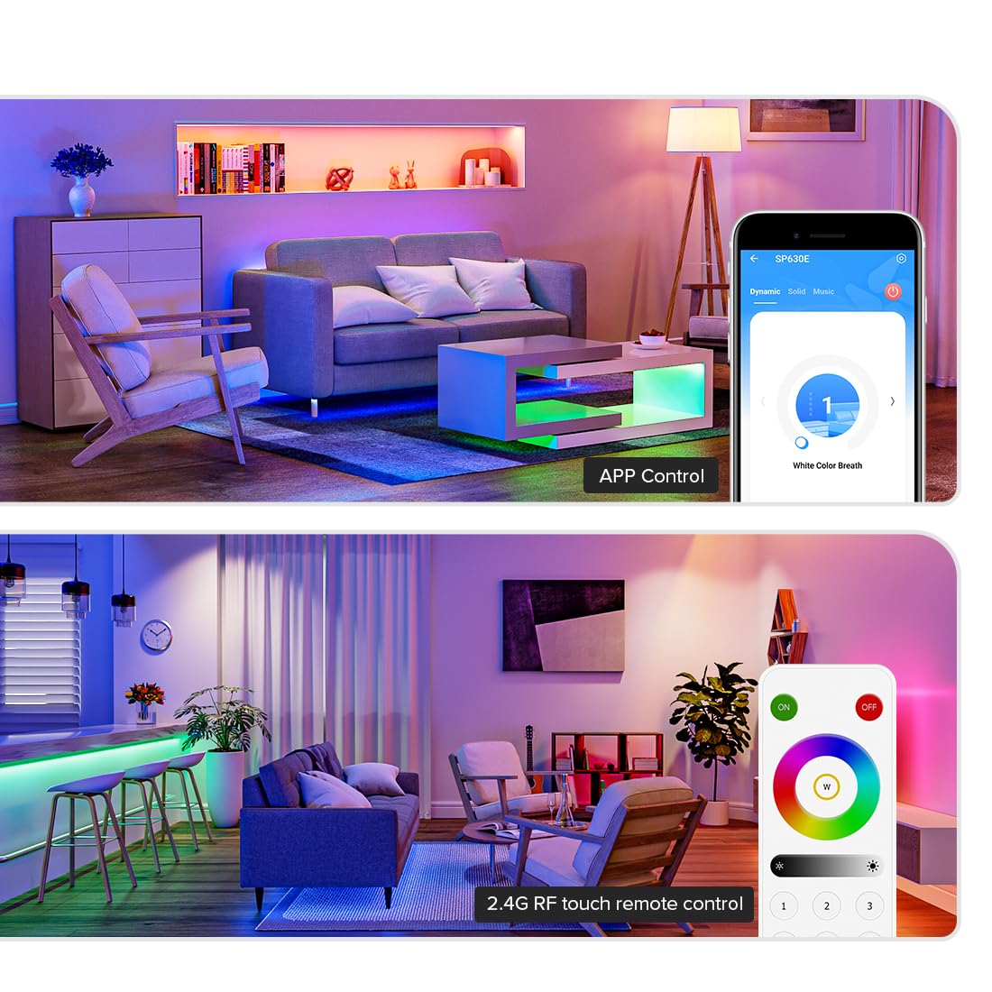 BTF-LIGHTING SP630E Bluetooth Controllers 4 Zones 2.4GHz RF RB3 Remote Kit Support FCOB COB SMD PWM or SPI RGB RGBW LED Strip WS2811 WS2812B WS2814 WS2815 SK6812 IC etc DC5V DC12V DC24V