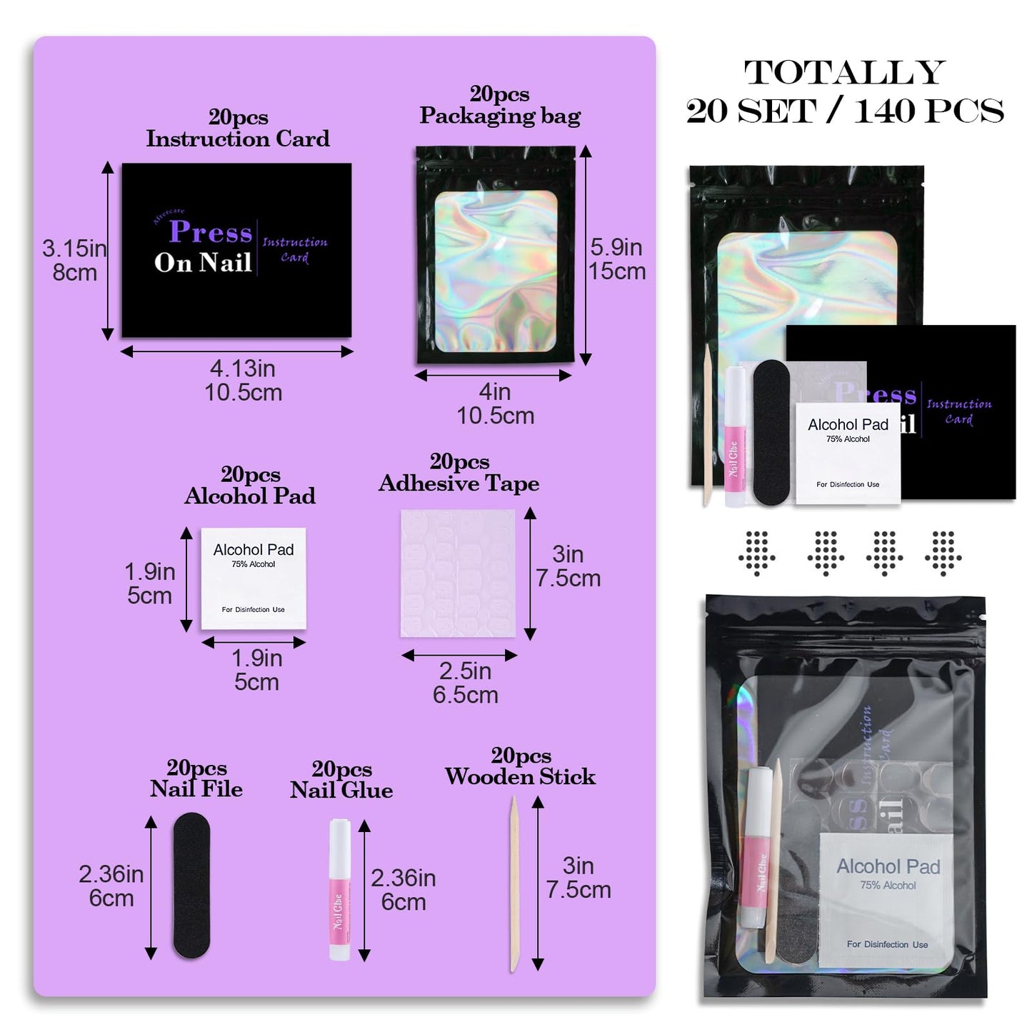 Disposable Nail Supplies Kits,Professional Manicure Press On Nail Tool Kit With Nail File,Adhesive Tabs,Nail Glue,Sticks, Prep P