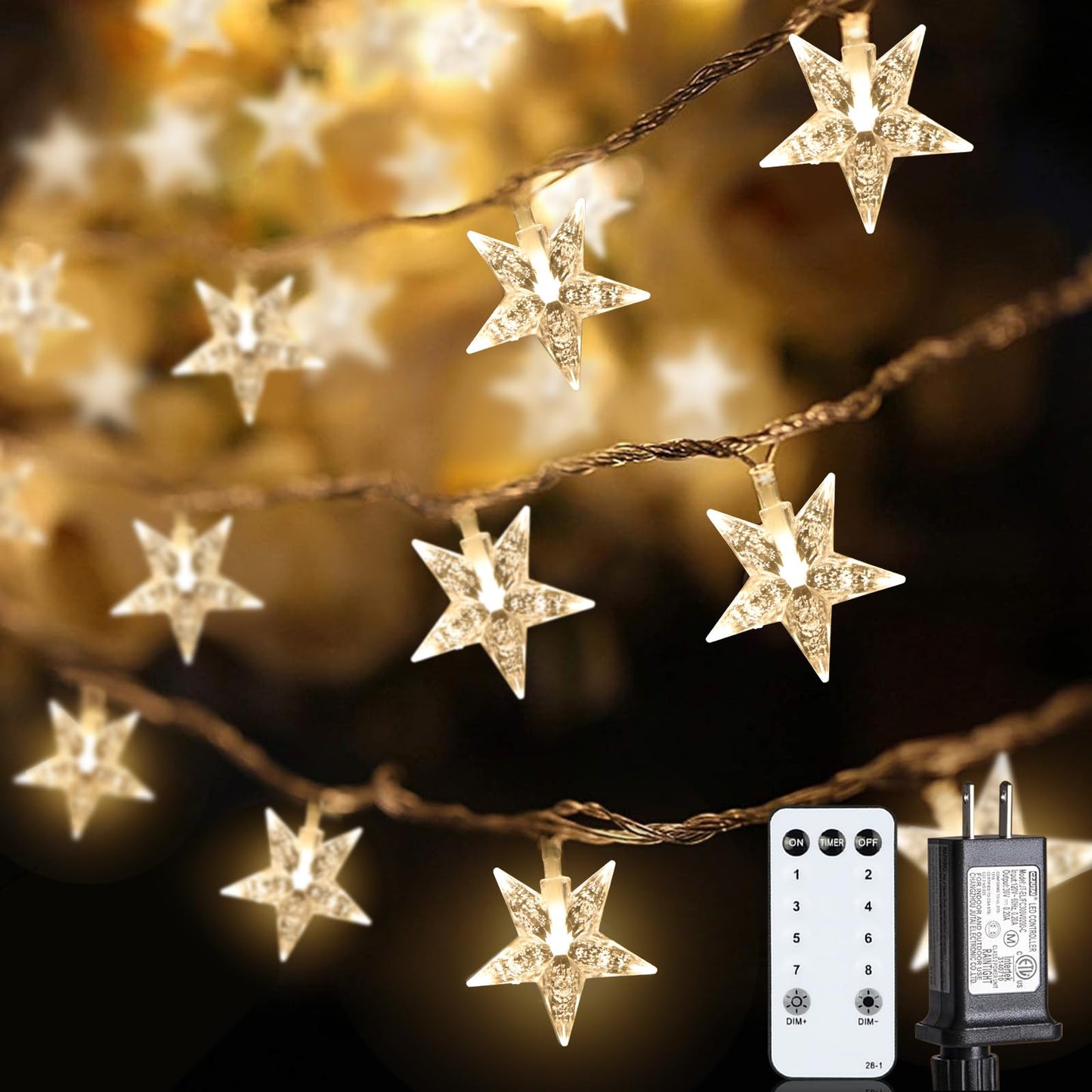 JOLYMOLY Star String Lights, 100 LED, 59ft, Warm White, Waterproof, Plug-in, Model FX-SL002, Remote Timer for Indoor/Outdoor Decor