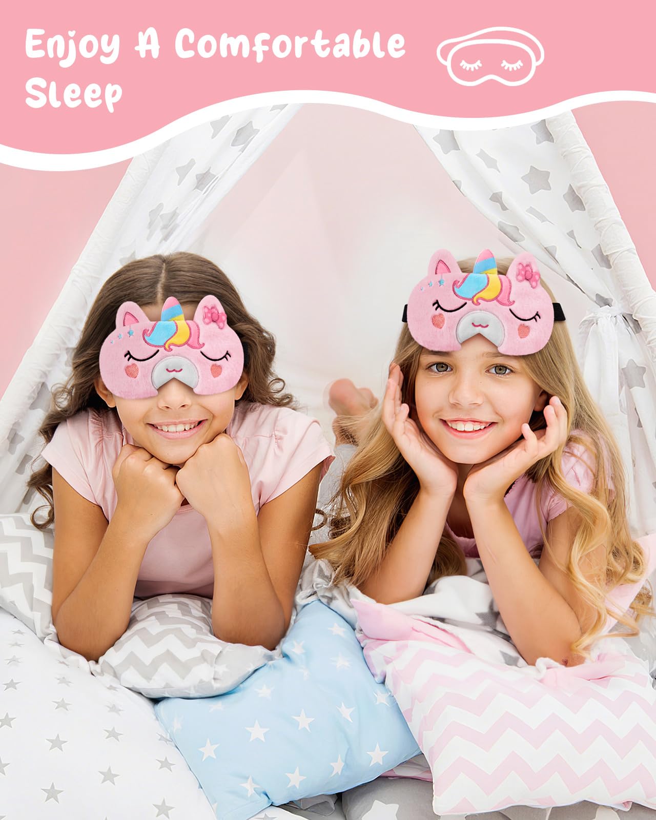 Miss Adola Sleep Mask for Kids - Cute Cartoon Plush Fuffy Sleeping Eye Cover Bow Unicorn Kawaii Soft Eyeshade with Adjustable Strap Animal Eye Blindfold for Kids Girls Boys Teens