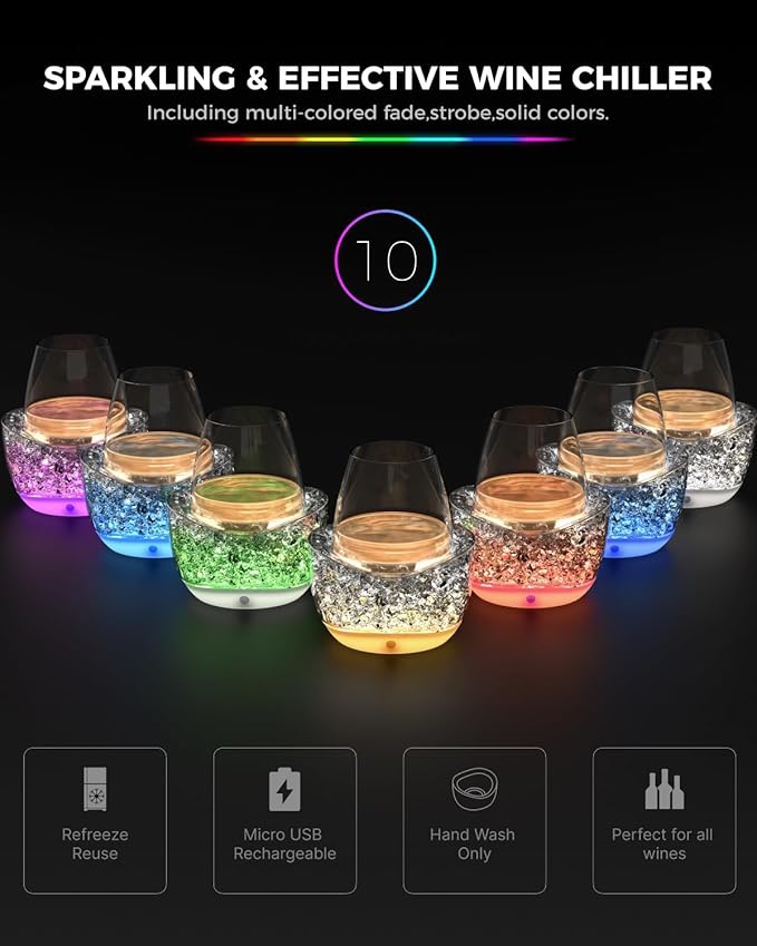 Wine Chiller for Glass Stemless Wine Glass Chiller Keeps Your Glasses of Vino Cold 10 Color Light Modes Separable Wine Essentials Accessories (Pink)