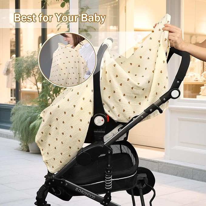 Hooyax 2-in-1 Baby Car Seat Cover & Nursing Cover, 100% Muslin Cotton, Breathable Car Seat Canopy and Privacy Breastfeeding Cover, Tiny Heart