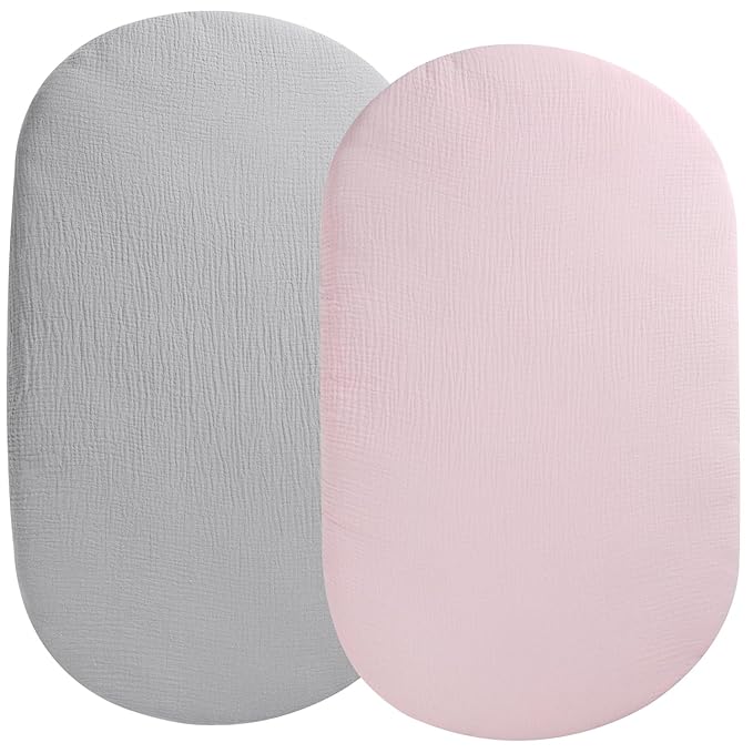 Muslin Bassinet Sheet Compatible with Snoo Smart Sleeper, Dream On Me Lacy Portable, Safety 1st Sleeper Bassinet, 2 Pack Cotton Fitted Bassinet Sheets for Baby Grey & Pink
