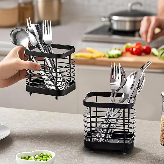 Kitchen Sink Utensil Holder of Drying Rack, Small Stainless Steel Cutlery Drainer Caddy,Spoon and fork organizer (Black)