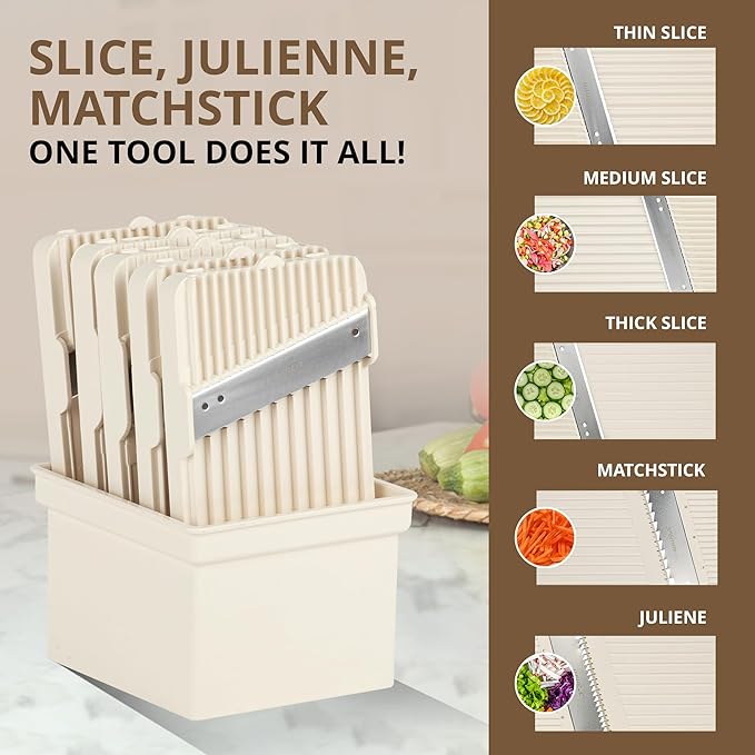 EMSON Safe Mandoline Slicer for Kitchen, All in 1 Mandoline Slicer for Food Works as Potato Slicer, Vegetable Slicer, Food Slicer, French Fry Cutter and More with 5 Blades and Storage Container