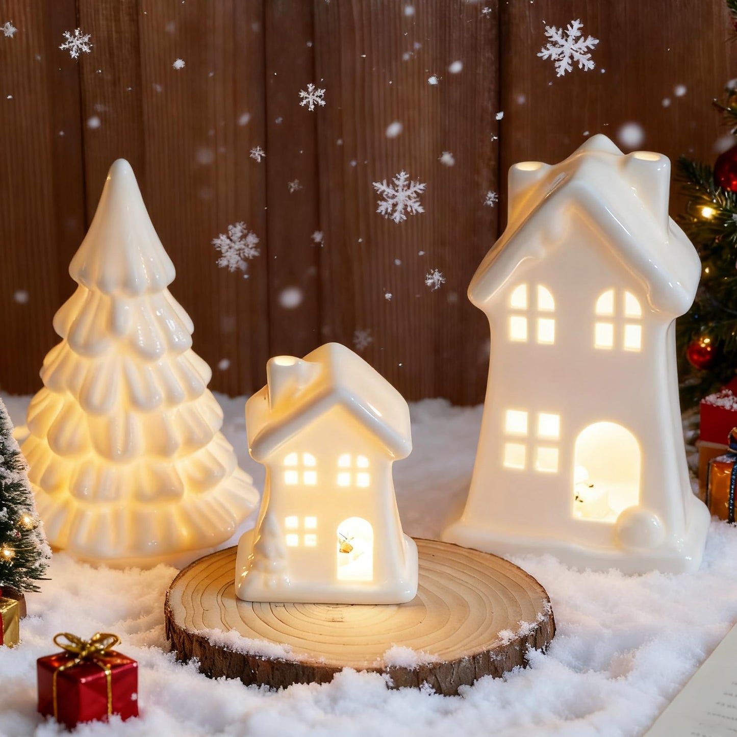 Nerosun Ceramic Christmas Village Houses  3Pcs Led Lighted Porcelain White Small House And Xmas Tree Tabletop Figurines  Light Up Christmas Decorations For Home Shelf Cabinet Table Winter Decor