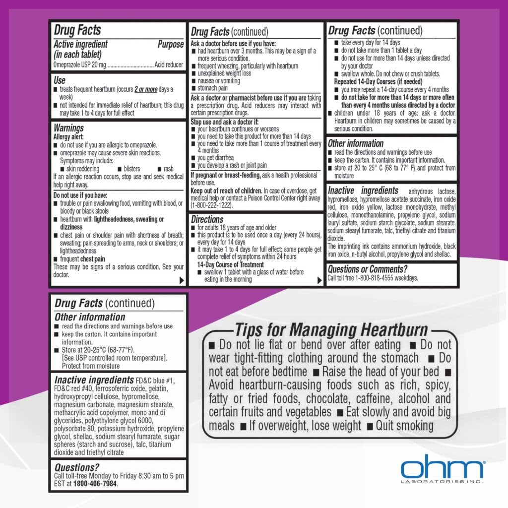 Ohm Omeprazole Delayed-Release Tablets, 20mg Acid Reducer, Treats Frequent Heartburn (12 Weeks of Supply, 84, Count)
