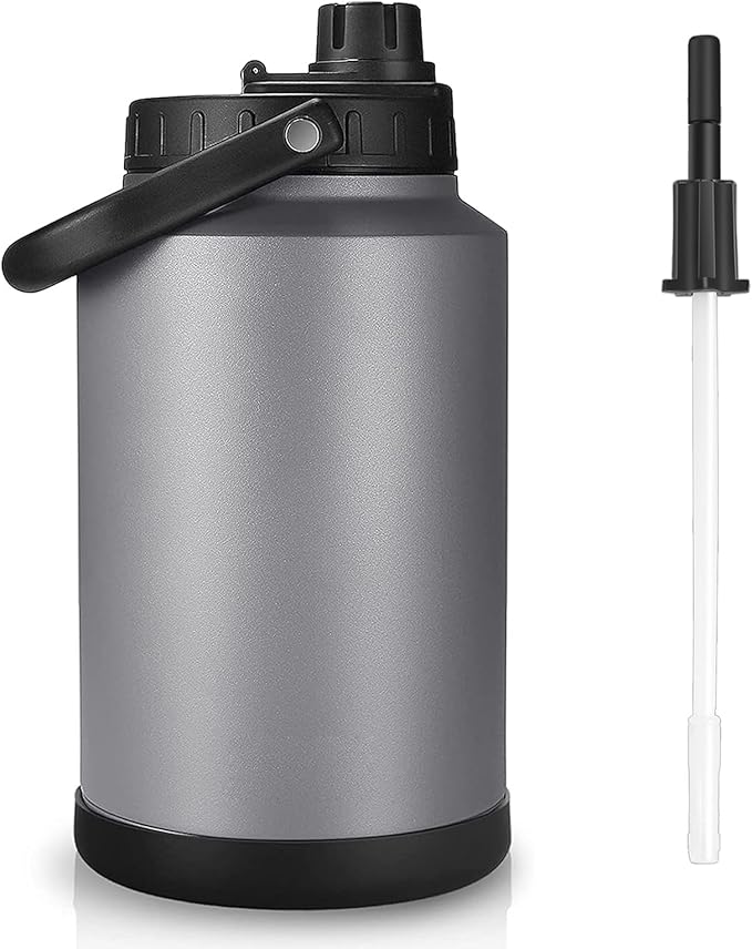 Sursip 1 Gallon Insulated Water Jug wtih Straw, Stainless Steel Large Sports one Gallon Water Bottle for Travel, Hiking, Camping 128 oz(Grey)