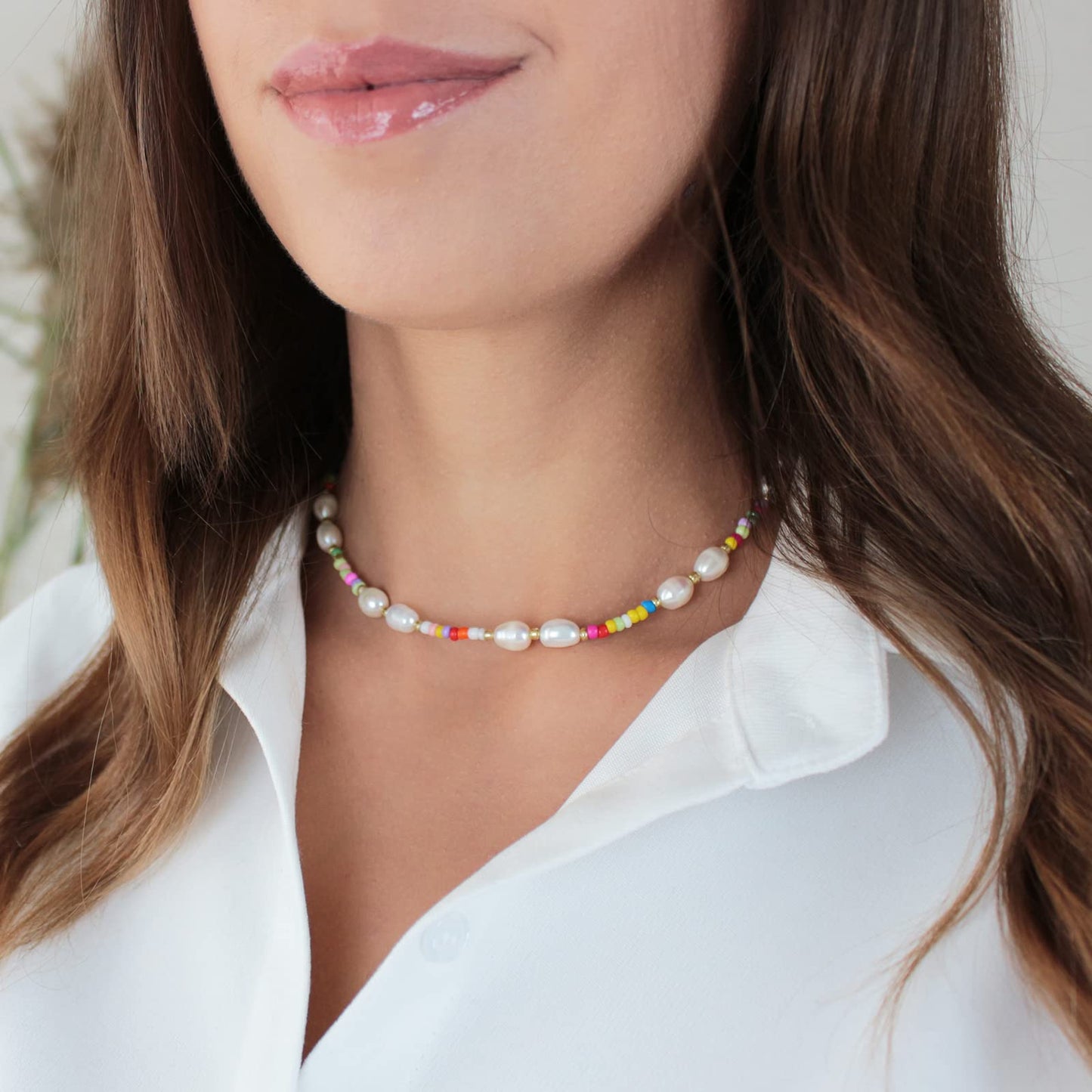 Wellike Freshwater Pearl Beaded Choker Necklace for Women Boho Handmade Colorful Beads Necklaces Stainless Steel 18K Gold Plated