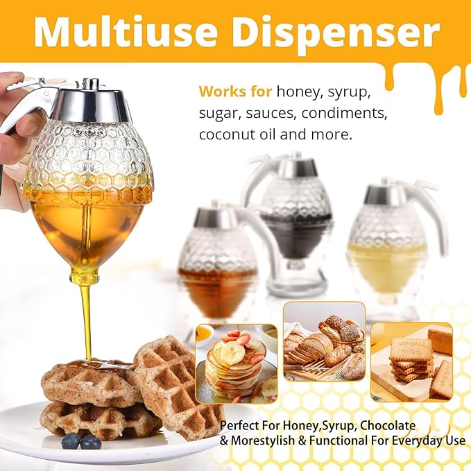 Honey Dispenser, 8oz Hunnibi Honey Container Dispenser No Drip Glass With Stand, Bee Container & Coffee Syrup Jar For Tea Time & Gifting, Elegant Comb Pot Bottle For Maple Syrup Bee