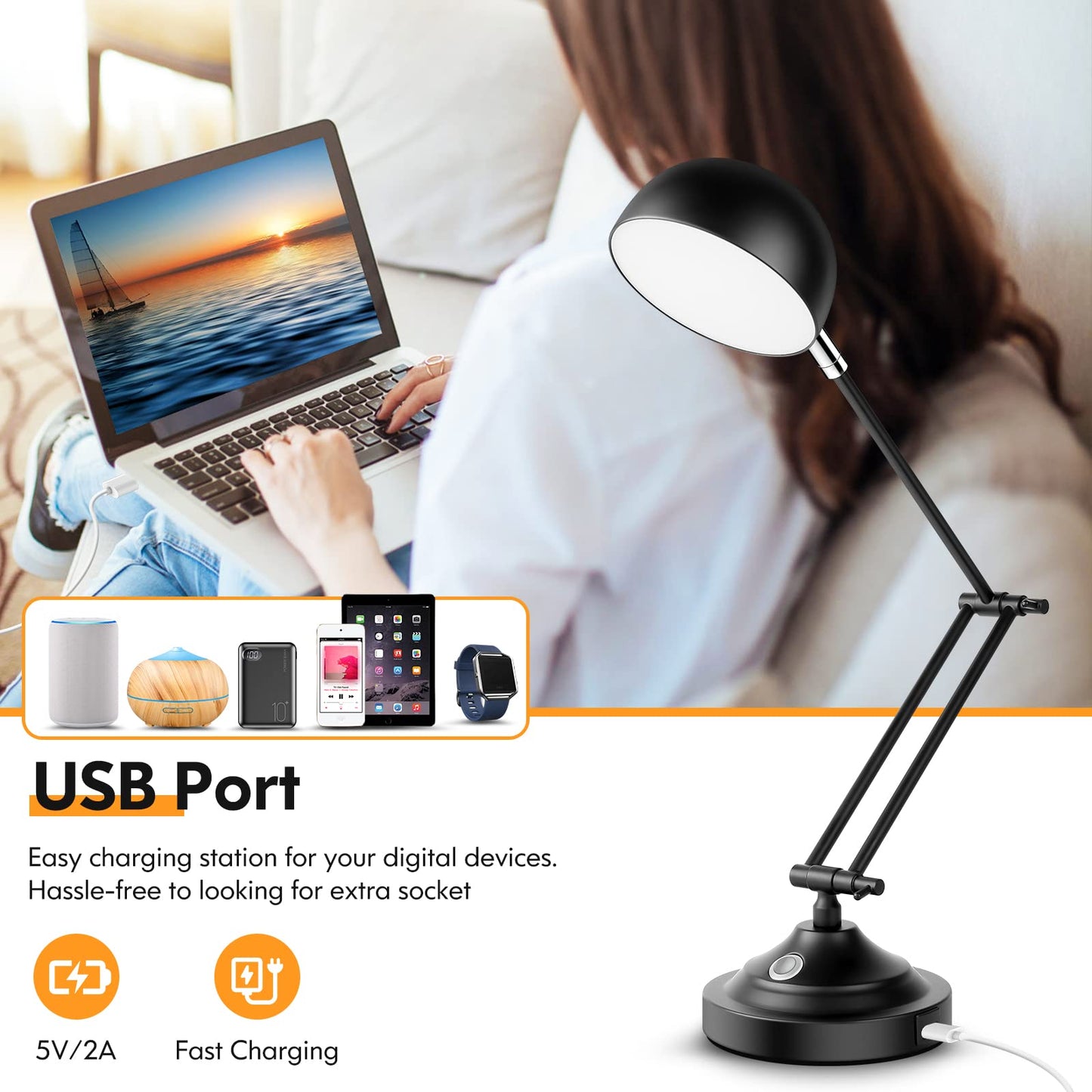 TOBUSA Touch Control LED Desk Lamp, Adjustable Swing Arm, Dimmable, 3000K/4000K/5000K, Black, Model T0345 BK