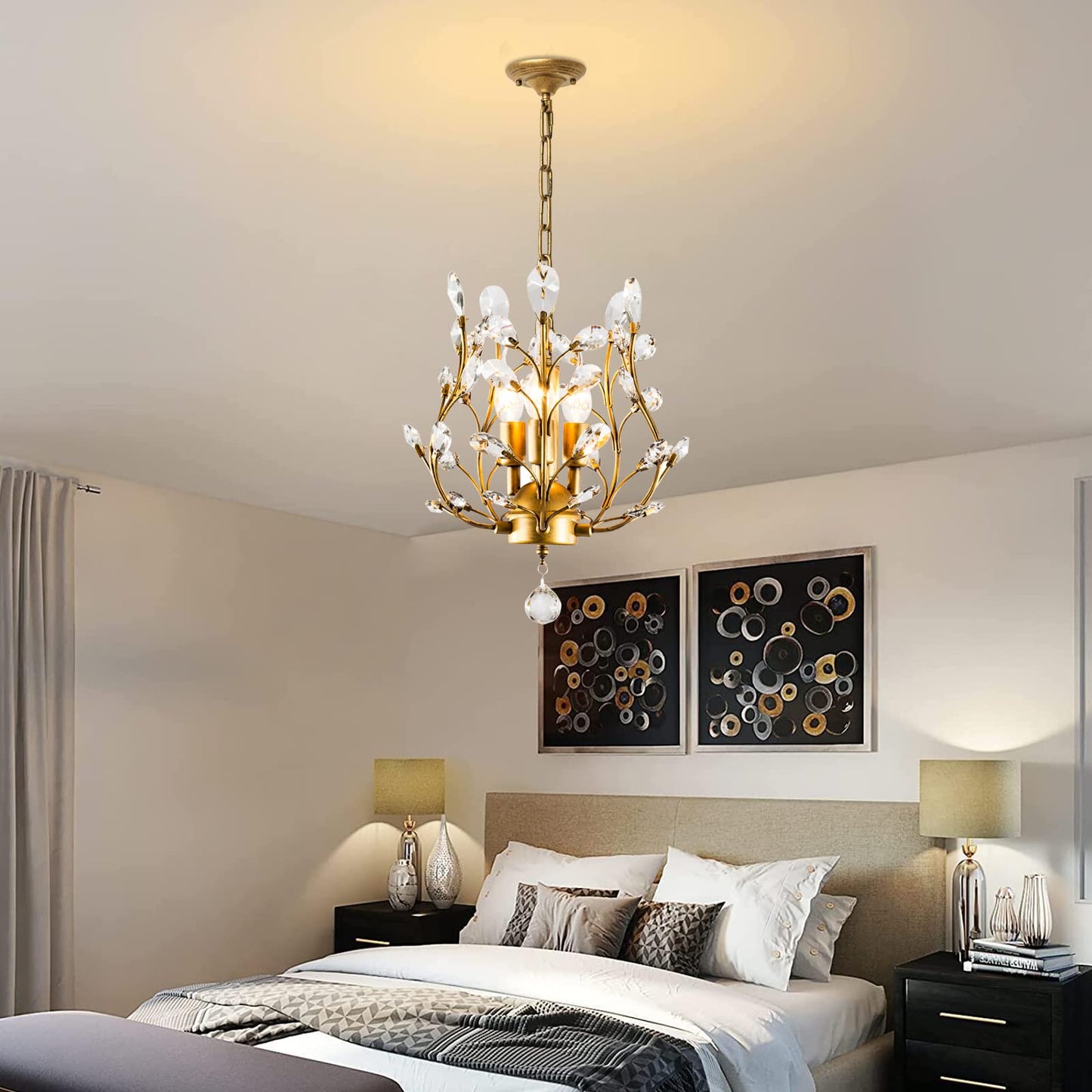 Ganeed K9 Crystal Chandelier - 3-Light Pendant Light, Golden Iron & Crystal, Ideal For Living Room, Bedroom, Restaurant, Hallway