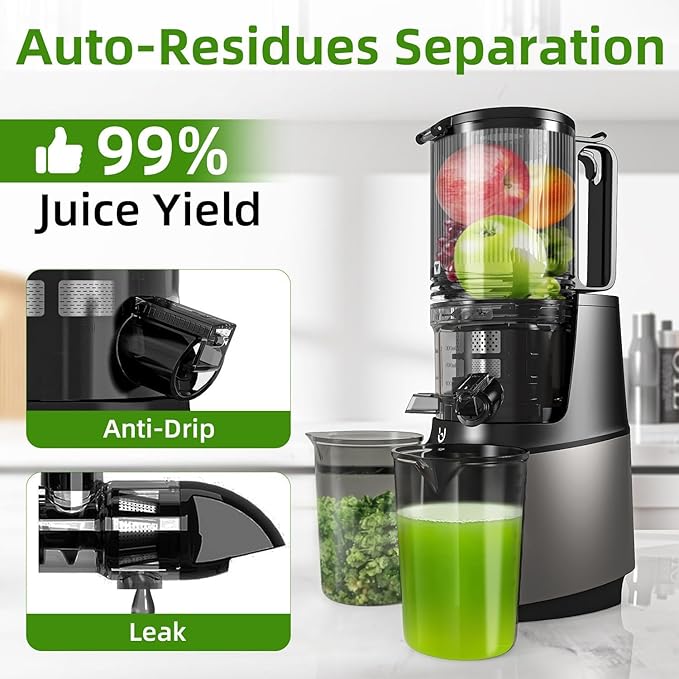 Cold Press Juicer, 5.8" Wide Feed Chute Juice Extractor Machine with 400W, High Juice Yield, Slow Masticating Juicer for Whole Vegetables & Fruits, Grey
