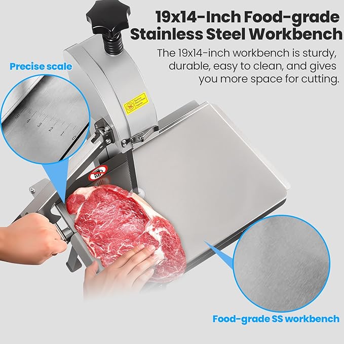 Commercial Bandsaw Machine, 1500W Electric Bone Saw Machine, 19x14" Stainless Steel Worktable, Cuts 0.04-5.0" Thickness, Frozen Meat Cutter with 8 Blades Included, for Rib Pork Beef