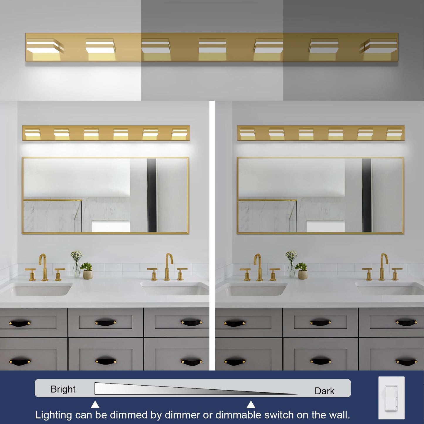 SineRise LED Bathroom Vanity Light Fixtures 7-Light 55-Inch Brass Dimmable Acrylic 6000K Over Mirror