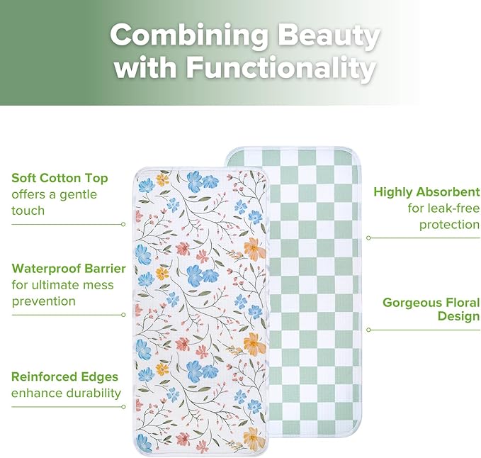 haakaa Waterproof Changing Pad Liners, 100% Cotton, Soft & Breathable (2pcs, 13" x 27.5" Garden Flow+Checkered Days)