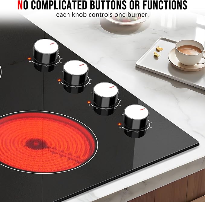 Karinear 24 Inch Electric Cooktop 4 Burners Electric Stove, Knob Control,6000W, Built-in Radiant Hob,Residual Heat Indicator, Overheat Protection,Hardwired 220V Radiant Ceramic Stove (White Knob)