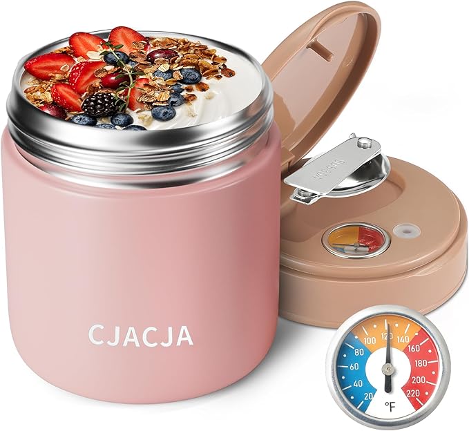 Insulated Food Jar with Temperature Display - 15.2 Oz, Thermo for Hot Food, Soup Thermo, Termos Para Comida Caliente, Width Mouth Stainless Steel Lunch Box with Folding Spoon, Pink