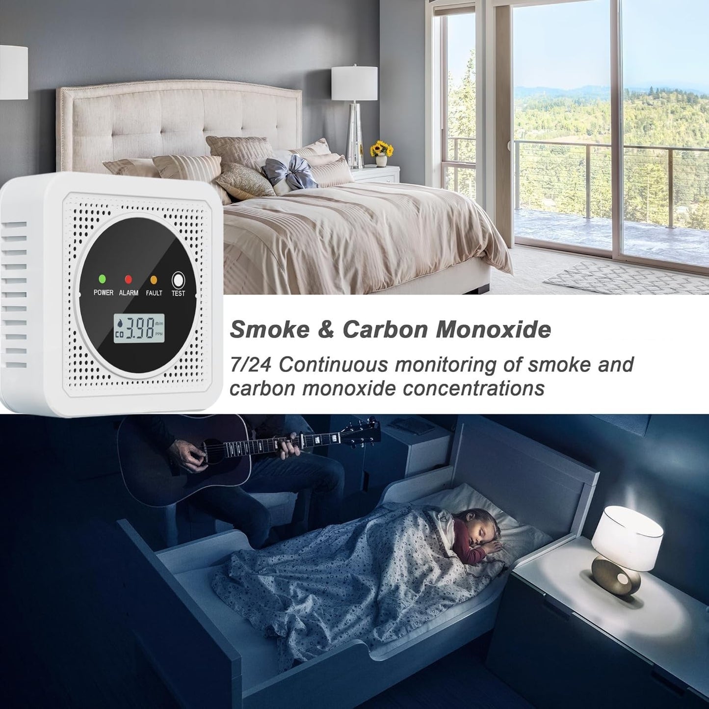 2-in-1 Smoke Detector and Carbon Monoxide Detectors, Battery Powered, CO&Smoke Alarm with Sensitive Sensor, Digital LCD Display, LED Signal Lights, Portable CO and Smoke Monitor Alarm