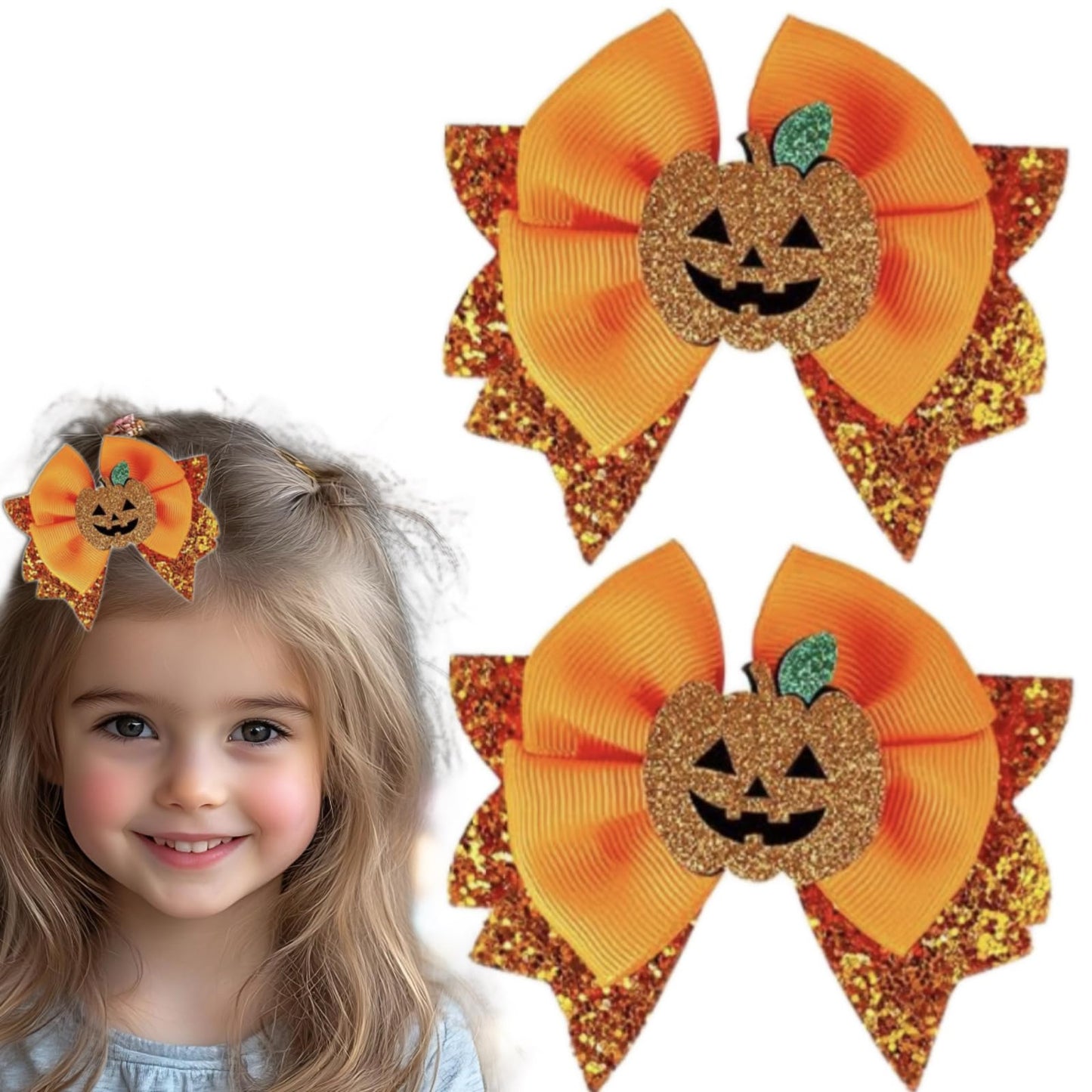 Glitter Fall Halloween Pumpkin Decoration Hair Bows Clips 3.5 for Girls, Orange Cheer Alligator Barrettes for Kids Thanksgiving