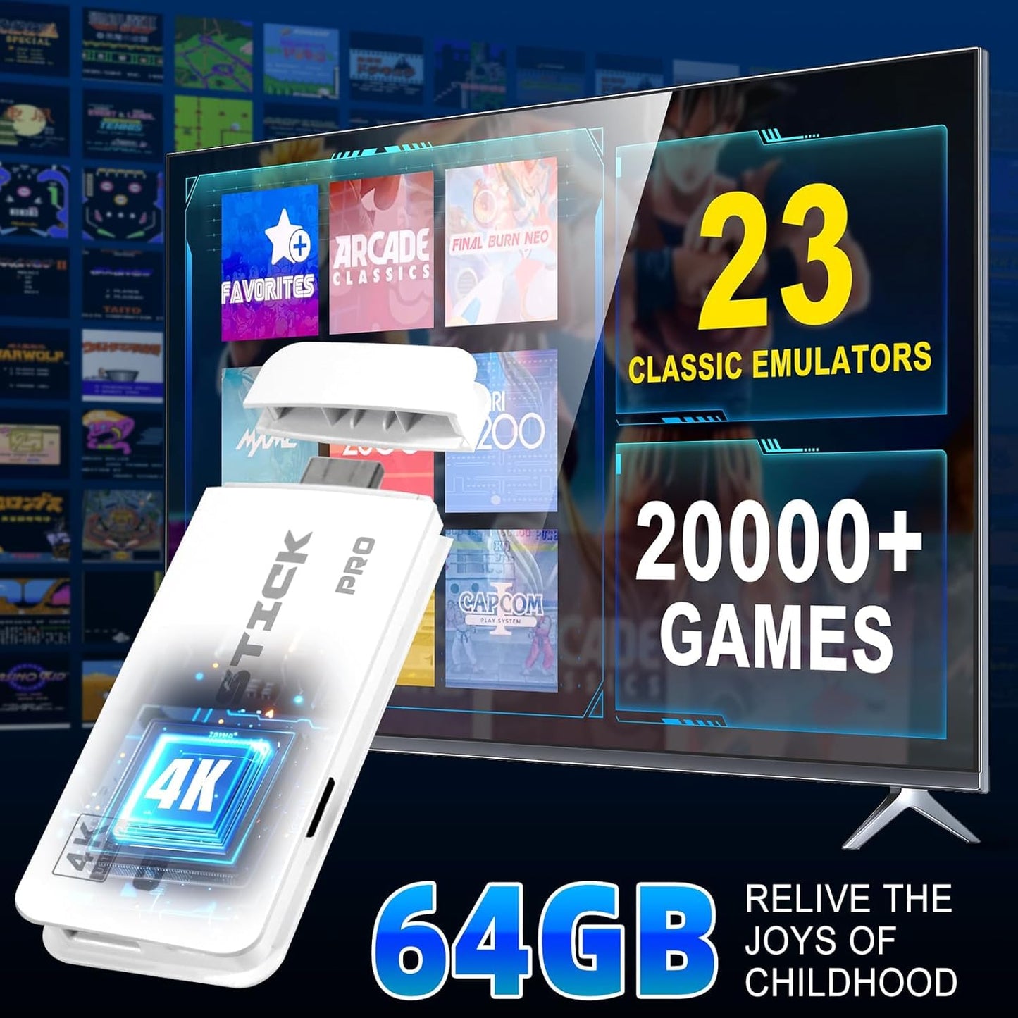 Retro Game Stick Wireless Retro Game Console Built-in 23 Emulators 20000+ Games Classic Plug & Play Video Games with 4K HDMI Output & Dual 2.4G Wireless Controller Gamepad