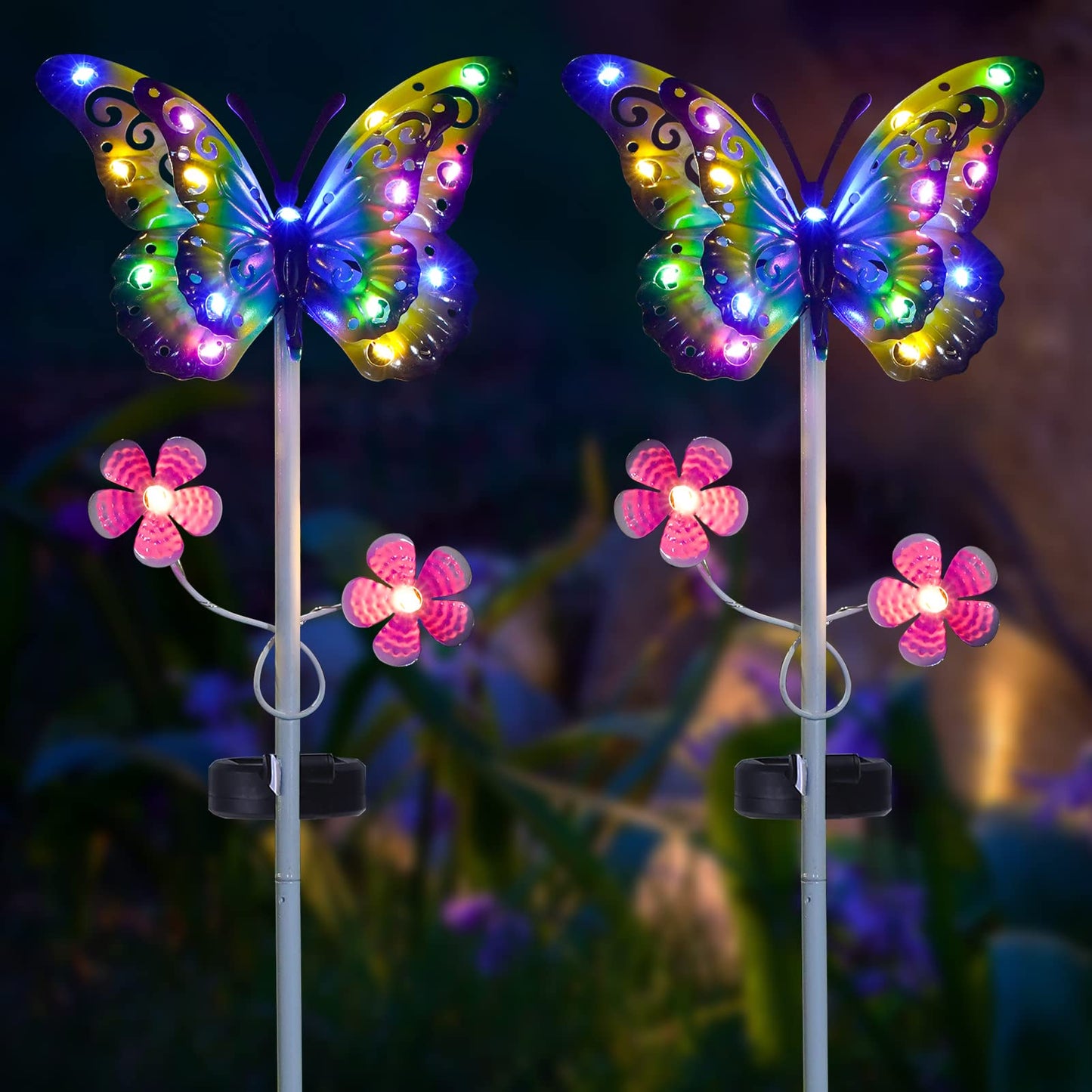 VGYVGYCC Solar Garden Lights 2 Pack - Metal Butterfly LED Stake Lights, Waterproof, Blue