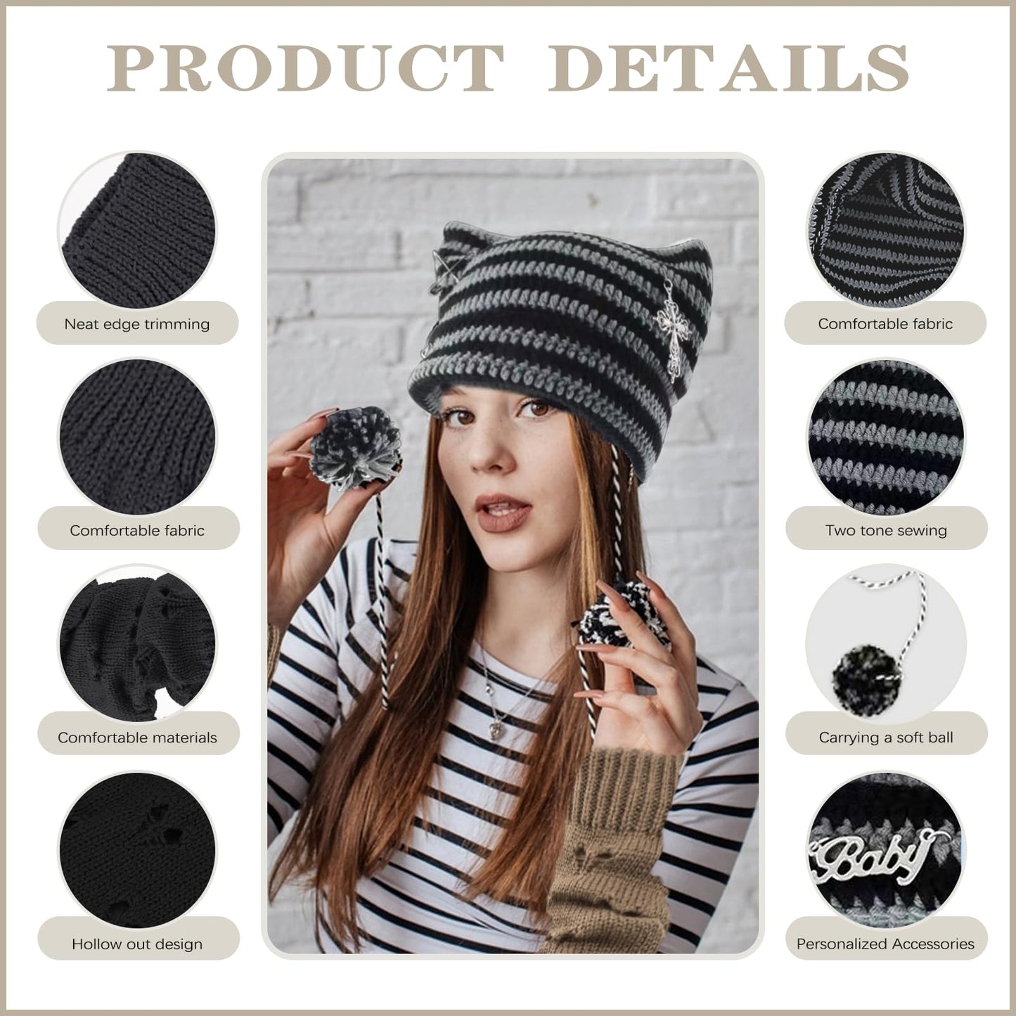 Women/Girls Crochet Hats Cat Beanie With Gloves Accessories Goth Grunge Crochet Knitted Arm Warmers Slouchy Beanies