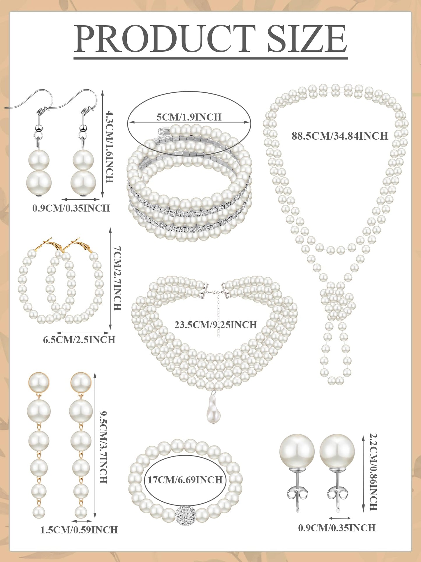 BBTO 8 Pcs Pearl Necklace and Earrings Set for Women Pearl Bracelets Costume Jewelry Set for Wedding Bridal Halloween Party(Vint