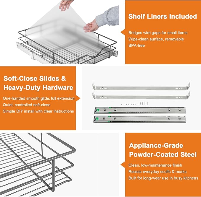 ALINE FURNITURE Pull Out Shelves - 8" W x 22" D Soft Close Pull Out Cabinet Organizer 1 Tier - Slide Out Drawers with Shelf Liner, Heavy Duty Steel Wire Baskets for Kitchen Cabinets, Pantry, Bathroom