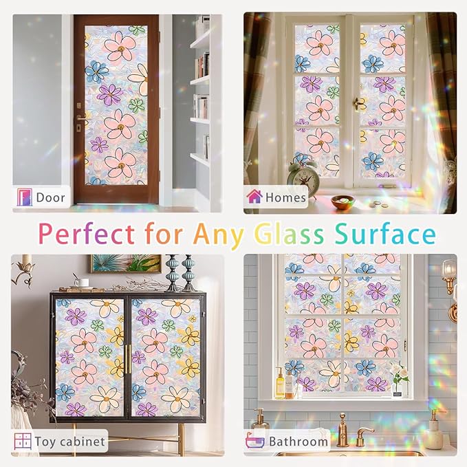 Daisy Flower Stained Glass Window Film Static Cling with Tools - 45.2 x 78.7 Inch Non-Adhesive Privacy Decorative Cute Rainbow Film for Windows, Doors, Sidelights - Easy Install & Remove