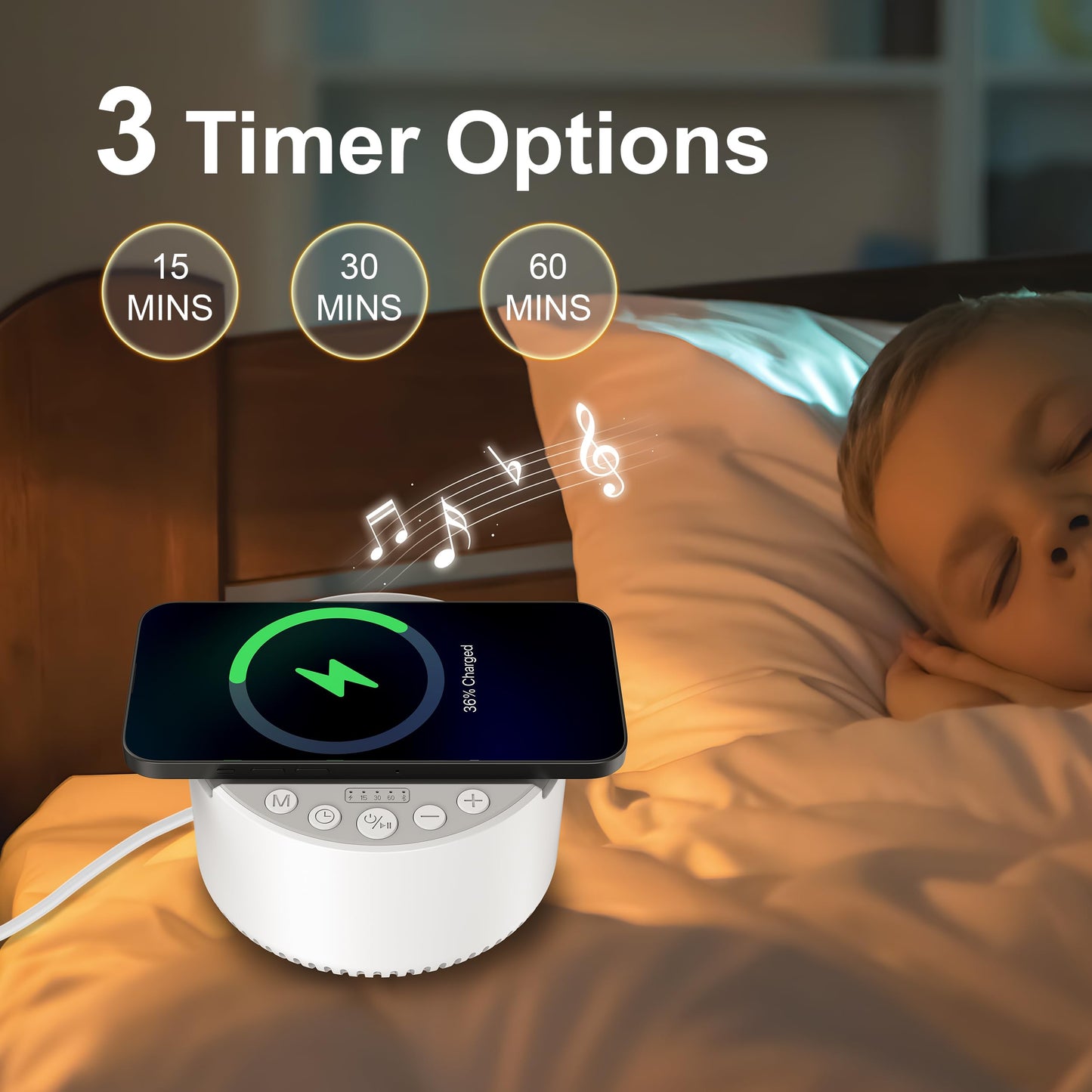 RORENSE Sound Machine with Wireless Charger&Speaker White Noise Machine with Memory Function,6 Soothing Sounds,3 Timers Modes for Baby Kids Adult & Home Office Travel
