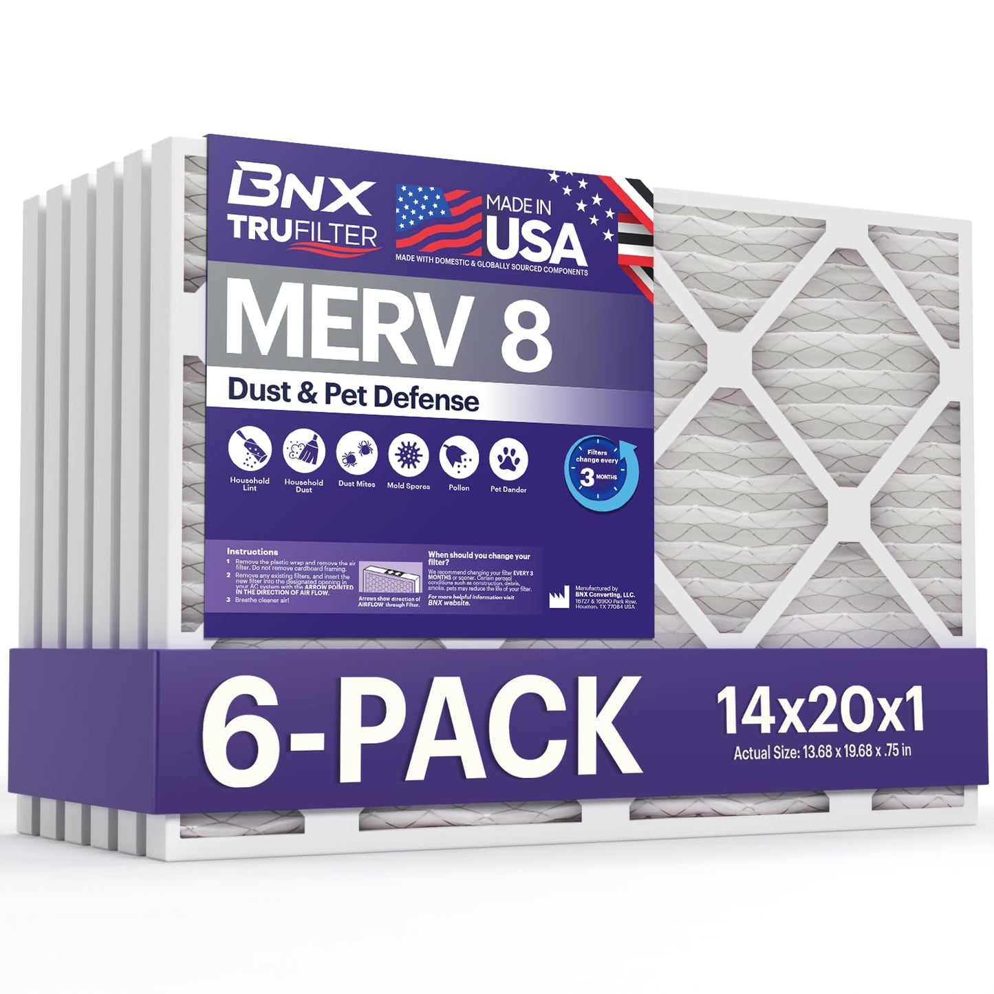 Bnx Trufilter 14X20X1 Air Filter Merv 8 (6-Pack) - Made In Usa - Dust & Pet Defense Electrostatic Pleated Air Conditioner Hvac A