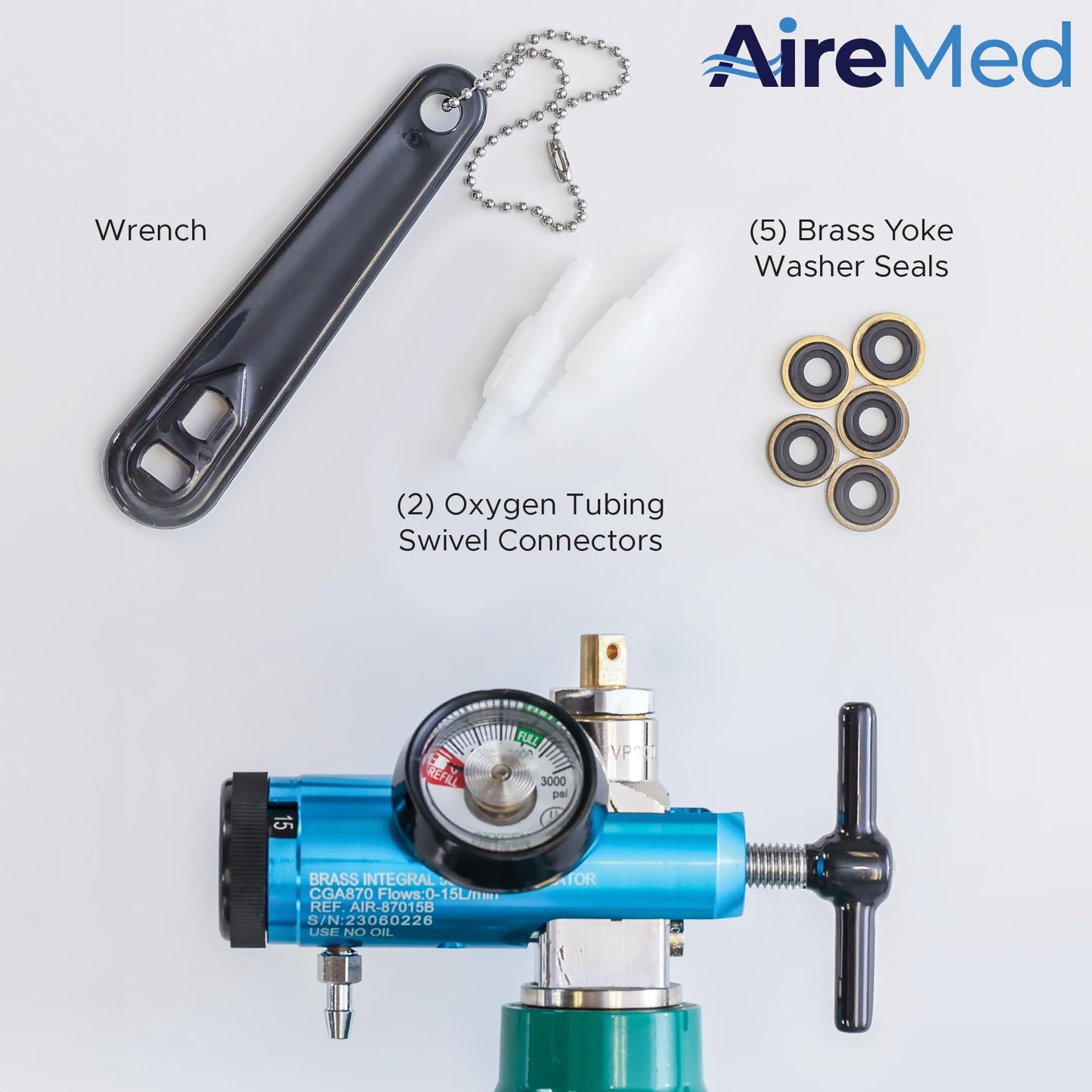 AireMed Oxygen Regulator 0-15LPM, CGA-870 Gauge Flow Rate – Includes Wrench Key, 5 Brass Yoke Washer Seals, and 2 Oxygen Tubing Swivel Connectors - Ergonomic Handle Design – Blue