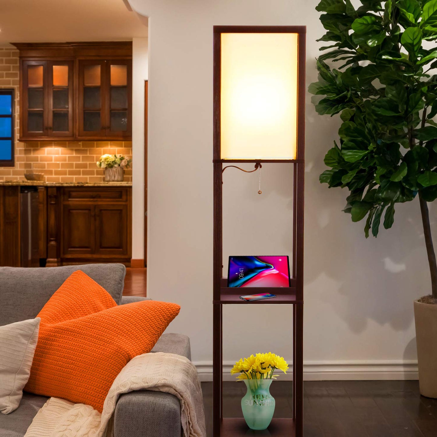 Brightech Maxwell Floor Lamp with USB Ports, Wireless Charging, Wood, Havana Brown, Model 3P-2UPC-9RVE