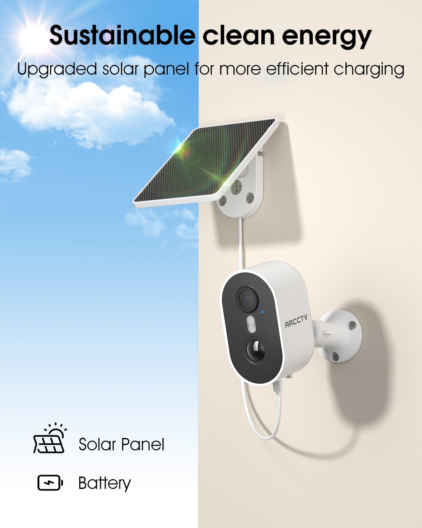 ARCCTV Security Camera Wireless Outdoor, 4MP Recharge Battery Powered WiFi Camera with Solar Panel, Motion Detection, Color Night Vision, 2-Way-Audio, 2.4G/5G Dual Band WiFi