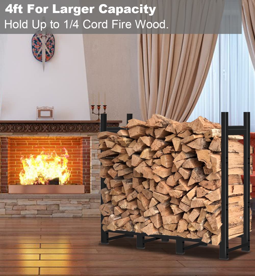 Khordin 4ft Firewood Rack Adjustable Heavy Duty Fire Wood Stand Holder for Outdoor Indoor Fireplace Log Storage, Metal Lumber Stacker Organizer, Black