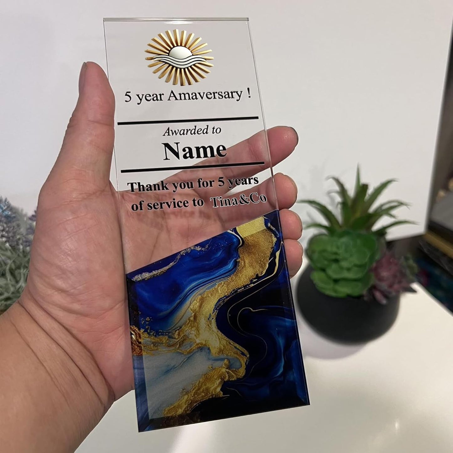 Tina&Co Personalized Corporate Trophy - Customizable Acrylic & Glass Award, for Company Anniversary, Employee Appreciation, Awards Ceremony with Logo 8"x2.5"x0.8"