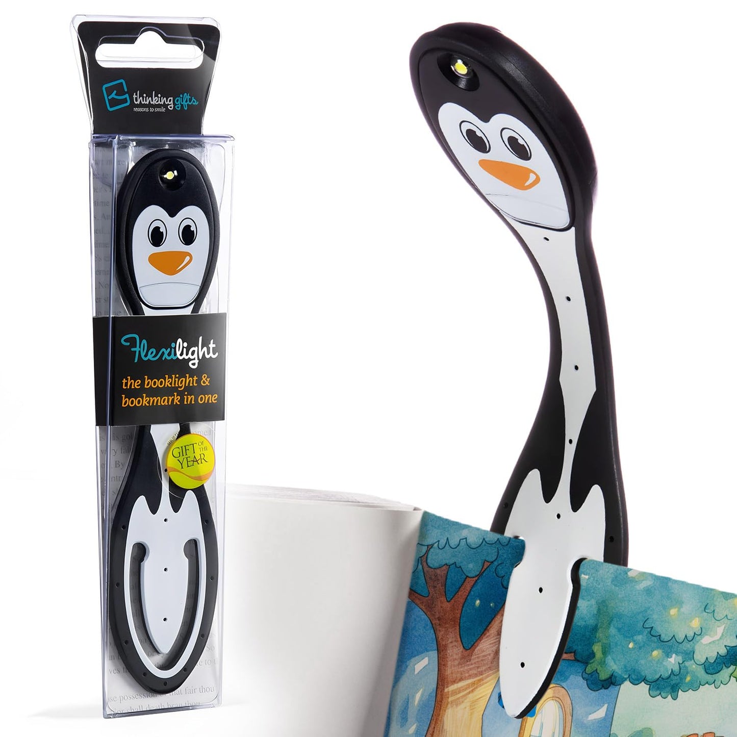 Gifts for Readers & Writers Flexilight Reading Light - 2 in 1 Bookmark LED Clip On Lamp, Battery Operated, Penguin Color