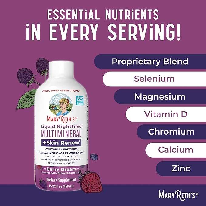 Liquid Nighttime Liquid Multimineral + Skin Renew for Women | Sleep Supplement | Reduce Fine Wrinkles | Improve Skin Firmness | Sugar Free | Magnesium | NO Melatonin | Vegan | 15 Servings
