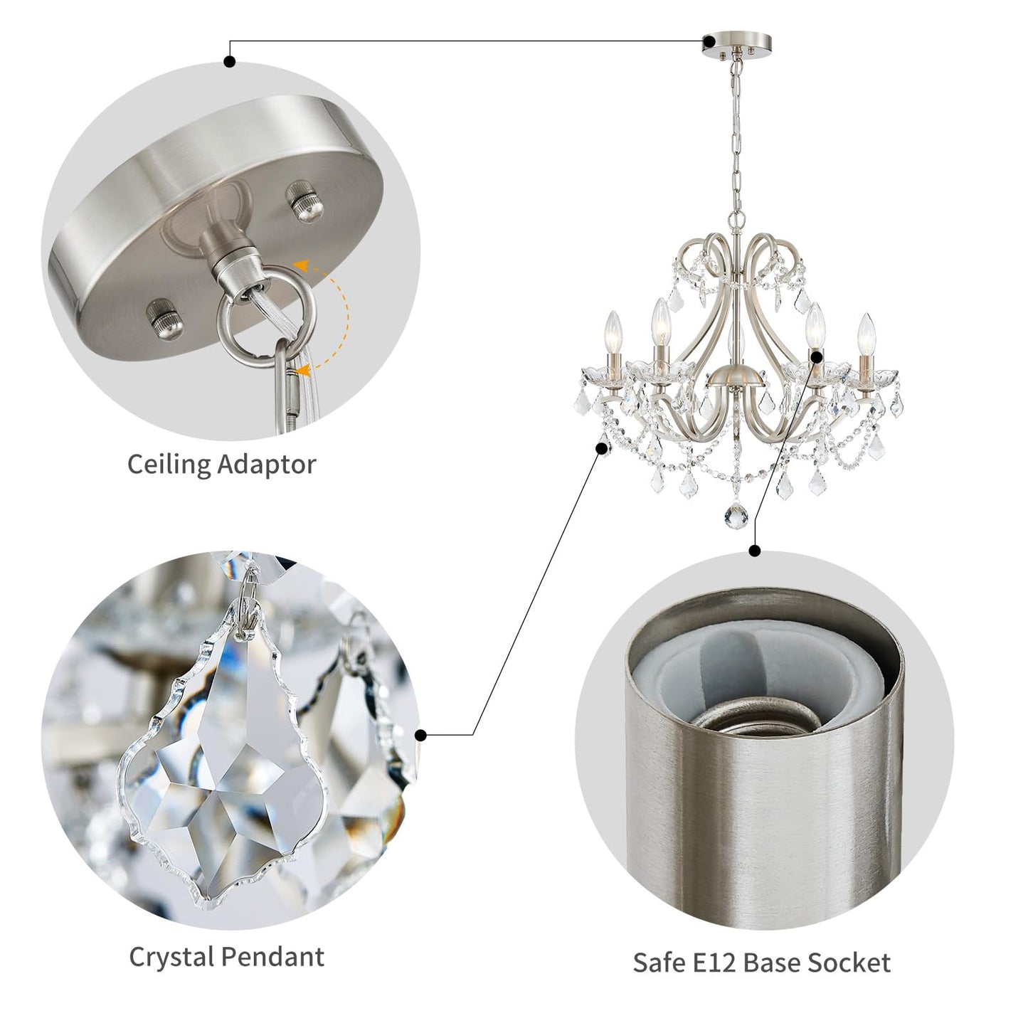 Wuzups Crystal 5-Light Candle Chandelier Pendant Flushmount Ceiling Light Modern Lighting Fixture For Bedroom Hallway Bar Kitchen Bathroom  H 20.9 X W 21.7  Brushed Nickel  E12 Base