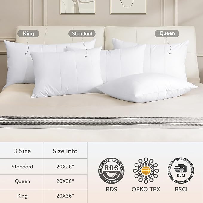 SAVORI Pack of 2 Goose Down Feather Pillows with 100% Cotton Cover, Soft Hotel Bed Pillow for Sleeping, Cooling Pillow for Back, Stomach or Side Sleepers, King Size-White 20x36 Inch
