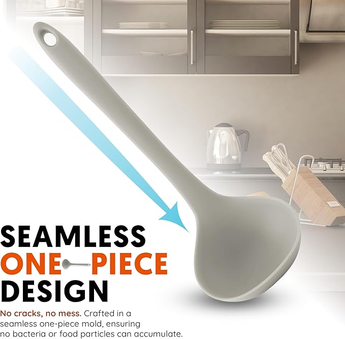 Platinum Silicone Cooking Ladle for Baking, Scraping & Mixing, 100% Food Grade Colorful Silicone Kitchen & Serving Utensils, Heat Resistant, Non-Stick Cookware - 8.6 inch Warm Gray