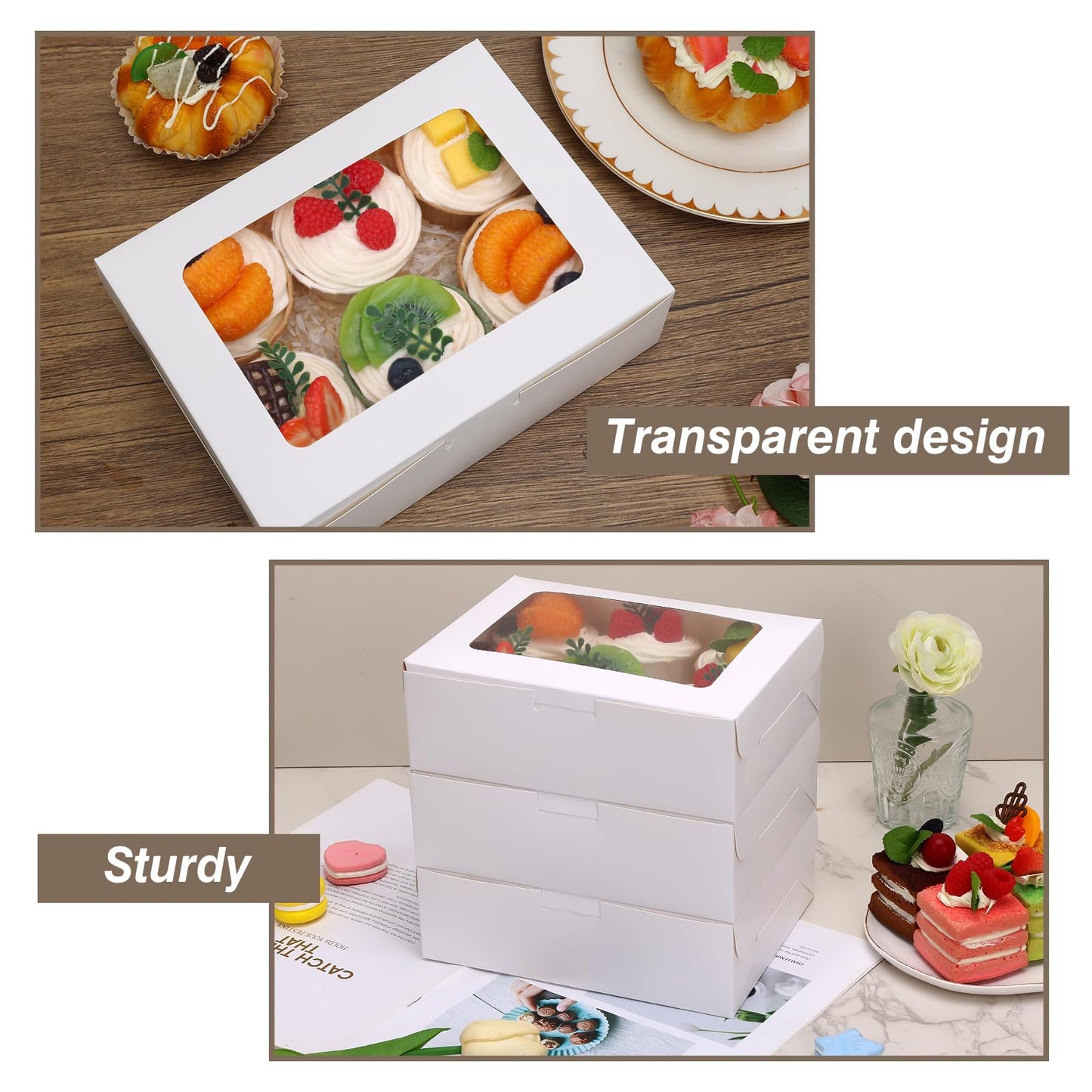 TOMNK 12pcs 8x6x2.5 Inches Valentines Day Bakery Boxes with Window, Cookie Boxes for Chocolate Strawberries, Donuts, Cupcakes, Muffins and Dessert