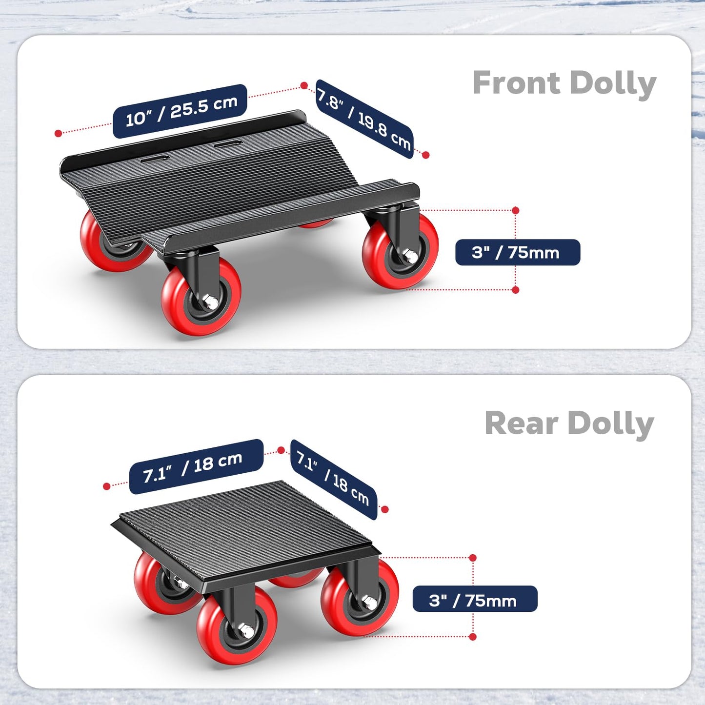 Snowmobile Dolly Heavy Duty with 3 Inch Caster Wheels,Sled Dollies Set of 3 Holding Up to 1660 LBS,V-Slide Steel Dollies with Full Rubber Pad Protecting Ski,and 2 Pairs of Straps Attaching on Skis