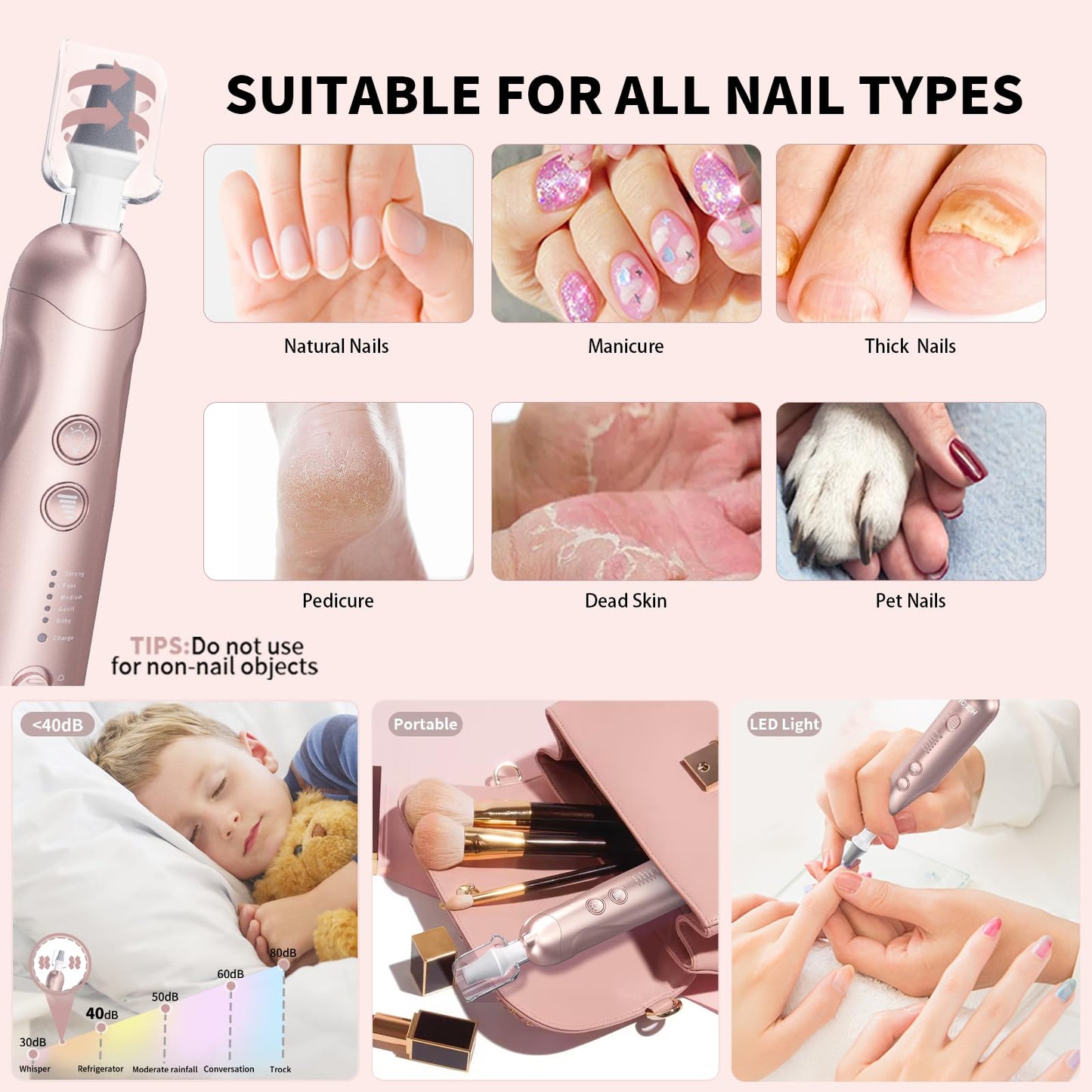 Cordless Electric Nail File Set, Rechargeable Pedicure Tools for feet, Professional Manicure Pedicure Kit 5 Speeds Hand Foot Car