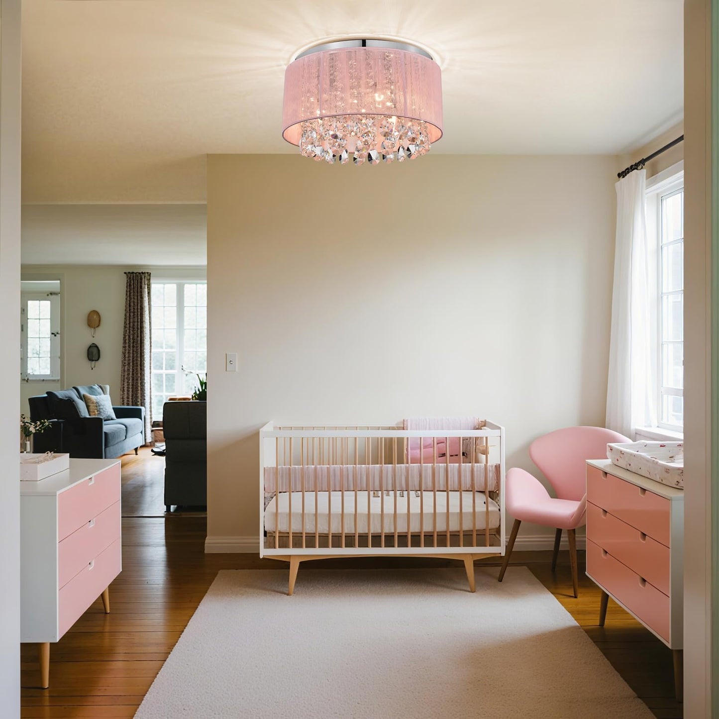 LaLuLa Pink Chandelier, 4-Light Flush Mount Ceiling Light, Metal, 18in, Modern Princess Style for Girls Bedroom, Model 17170PK