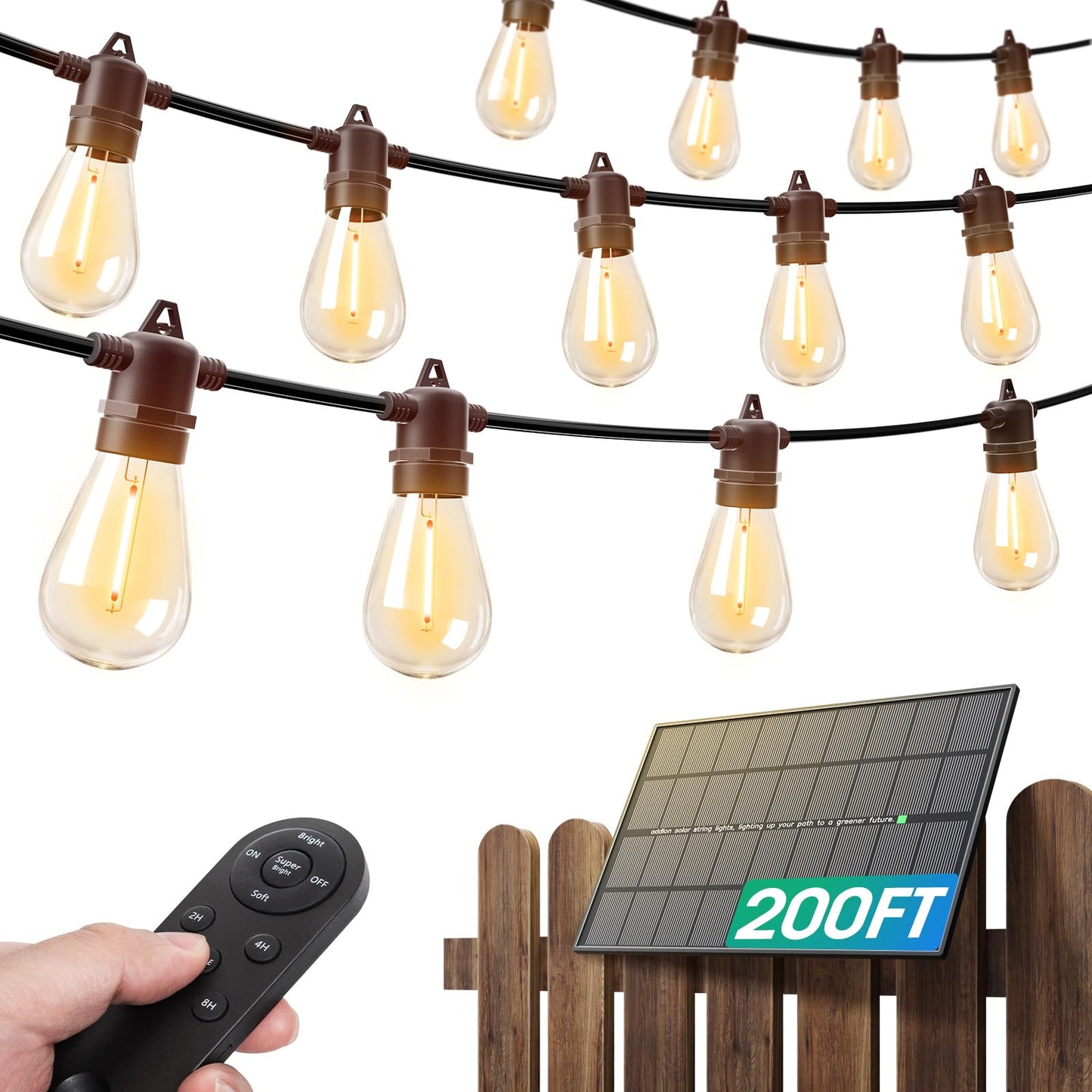 addlon Solar String Lights Outdoor 200FT Waterproof 6W Panel USB Remote Control Black Plastic Dimmable for Patio Garden Backyard