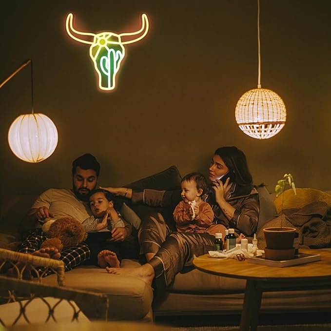 Bull Cactus Sun Neon Sign Texas Longhorn Bull Neon Lights for Bedroom Western Landscape LED Sign Cow Head Neon Lights Signs Orange Cowboy Light Up Signs for Wall Bar Man Cave Game Room Decor