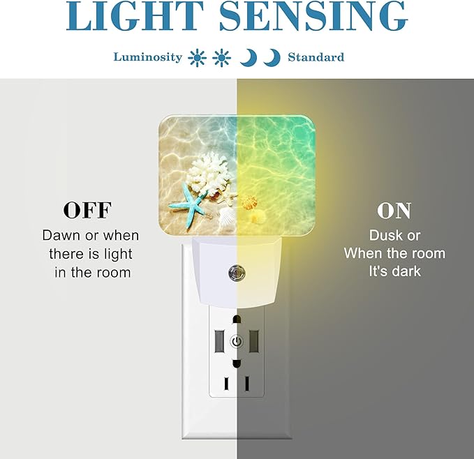 Starfish Coral and Seashell Plug in Night Lights, Beach in Sea Water Nightlight Plug Into Wall Dusk to Dawn Sensor for Kid Girls Boys Women Men Room, Hallway, Kitchen, Bathroom, Stairs Decor